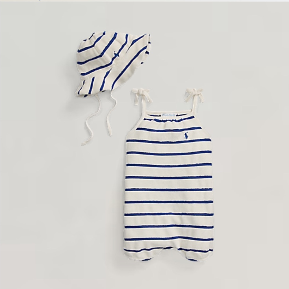 💙🤍RL🤍💙 NWT 24m Striped Terry Bubble Shortall & Hat Set. BRAND NEW!!